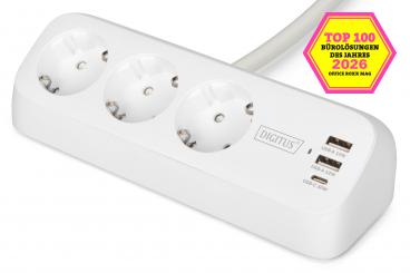 3-way office socket strip with 2x USB-A and 1x USB-C connections, white 